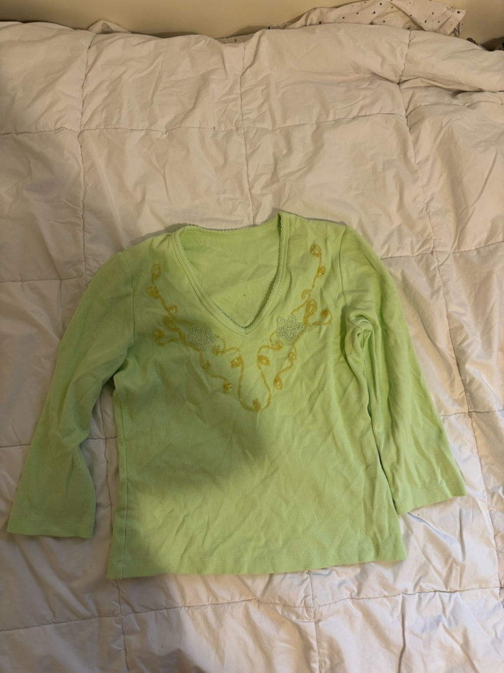 Y2K Light Green V-Neck Knit Top with Beaded Detail